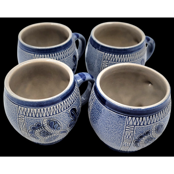 4 Marzi Remy 3141 Pottery Mug German Stein Blue Engraved Floral Cup 1950 - 1970 - Picture 2 of 9
